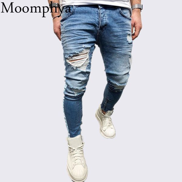 

moomphya distressed ripped holes men jeans side striped blue jeans men zipper hip hop streetwear slim biker skinny