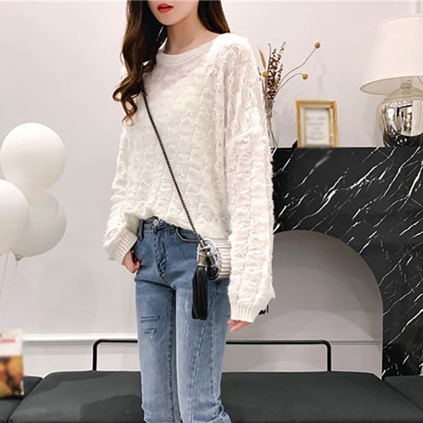 

sweater women autumn loose casual o neck hollow elegant sweater female pullovers, White;black