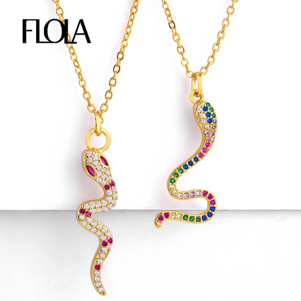 

flola 24k gold rainbow snake pendant necklace for woman cz stone necklace long rainbow jewelry collar de serpiente nkep65, Silver