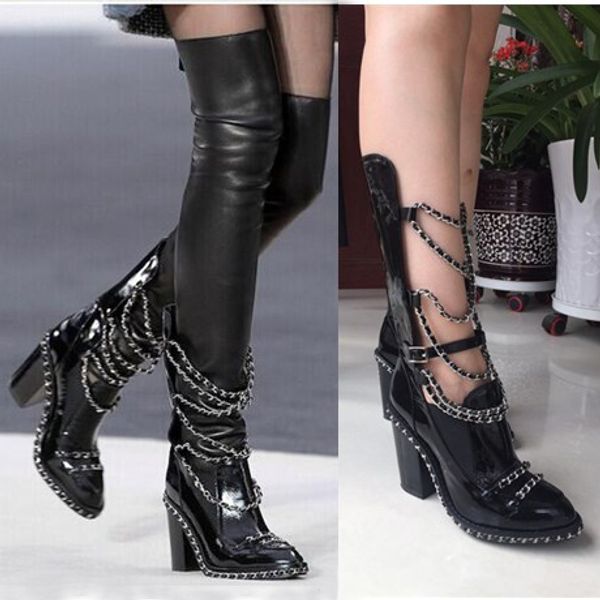 

plus size 35-43 botas mujer platform runway shoes block heels chain cross stretch black leather thigh high boots women ankle/ long booties