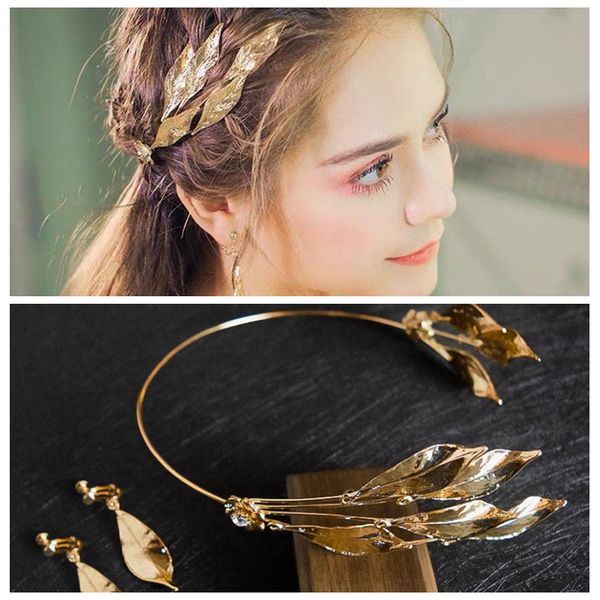 

retro hand-made leaves olives crowns earrings set golden wedding headdresses luxurious, White