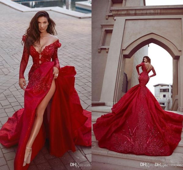 

2020 red mermaid prom dress high side split evening gowns open back off shoulder appliqued long sleeve formal party wears, Black