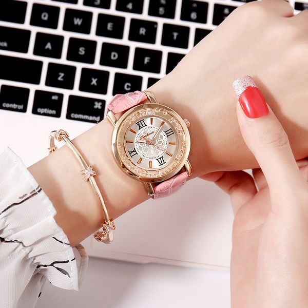 

new women's watch rhinestone leather bracelet watch women's fashion quartz jewelry lovely deluxe clock, Slivery;brown