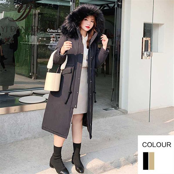 

women's down & parkas large size casual winter women jacket 2021 fashion loose thick over the knee overcoat hooded fur collar cotton co, Black