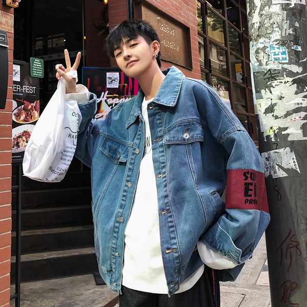 

2019 spring and summer new korean version of harajuku men's casual loose cotton denim jacket stitching m-xl streetwear discount, Black;brown