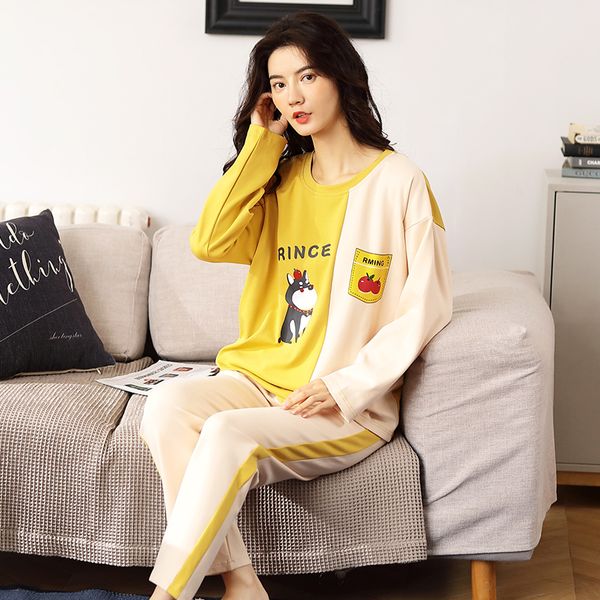 

autumn women pajamas set knitted cotton pijama mujer long sleeve cartoon thin casual big size sleepwear female nightwear suit, Black;red