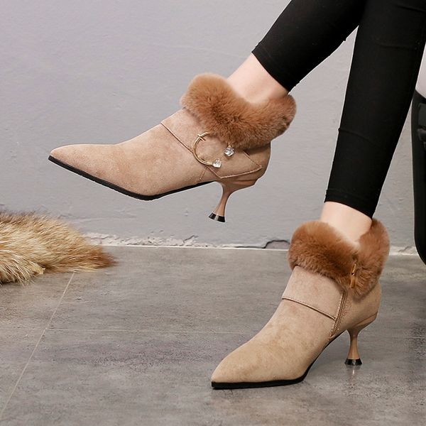 

2020 fashion fluffy fur ankle boots women 6 cm thin high heel pointed toe ankle boots ladies winter keep warm women shoes, Black