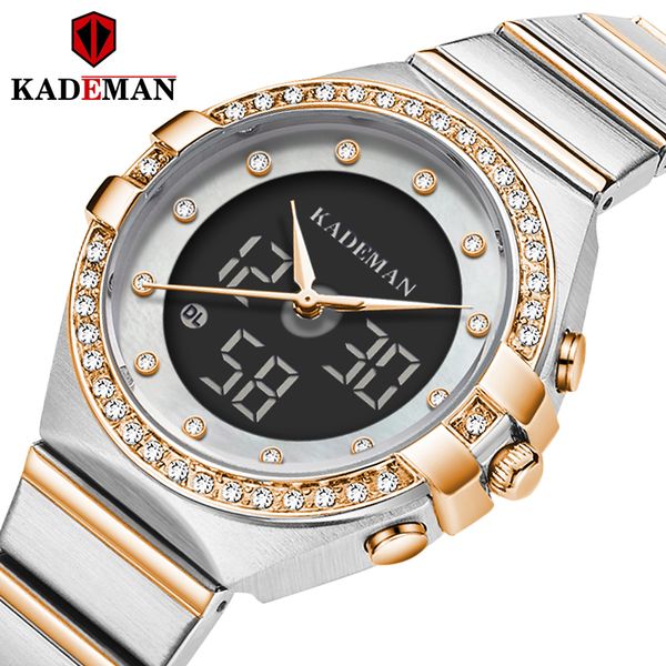 

2020 kademan women watch dual display elegant crystal quartz stainless steel waterproof dress wristwatch k9079l, Slivery;brown