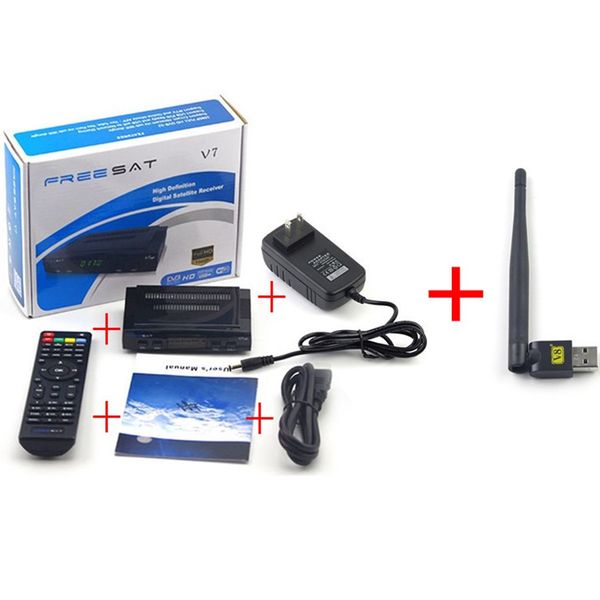 Freeshipping 1 PCS Profissional Freesat V7 HD Receptor 1080P + 1PCS Adaptador Wi-Fi sem fio USB com antena para freesat v7 cabo HD