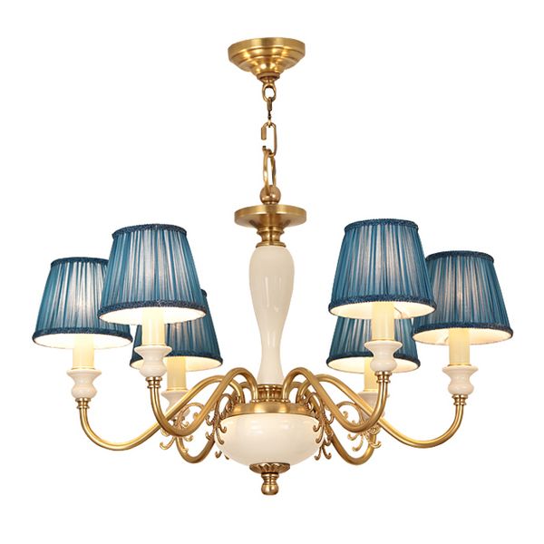 American Vintage Copper Pendant Chandelier Lamp Living Room Bedroom Lamps European Retro Ceramic Chandeliers Lights Fixture Gold