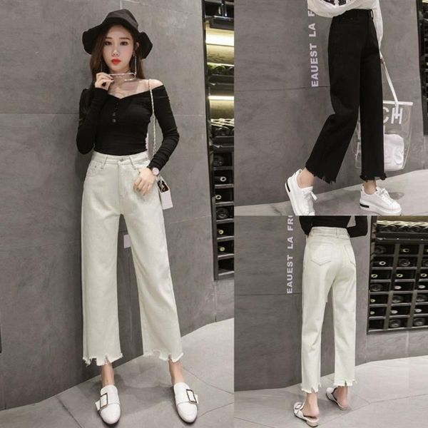 

jaycosin women set mid trousers high waist casual straight cowboy tube wide leg pants burrs jeans elastic femme new arrival 2020, Blue