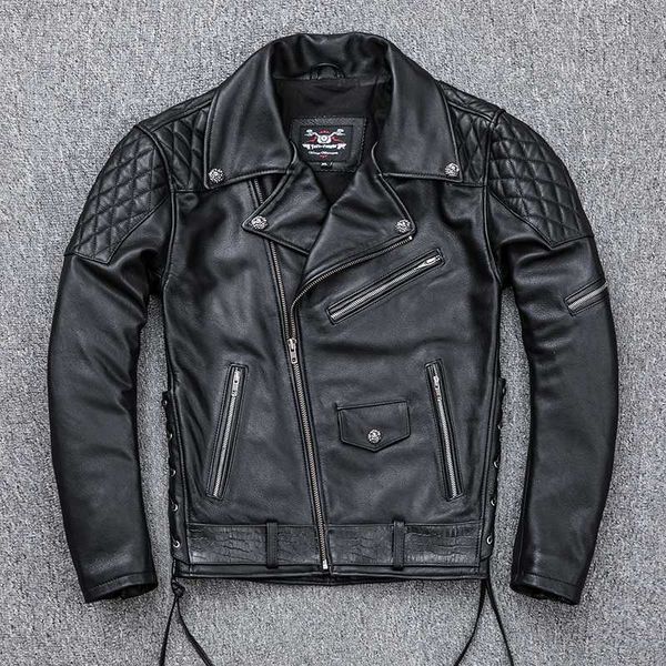 

rivets heavy cow motorcycle men rock style slim fit moto biker jacket men's diagonal zipper rider leather coat, Black