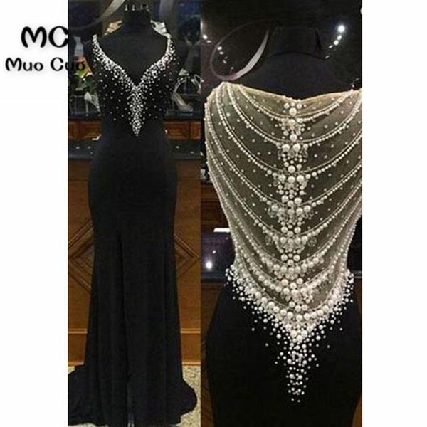 

illusion 2018 black mermaid evening dresses long with pearls beaded v-neck elastic satin formal evening party dress for women, White;black