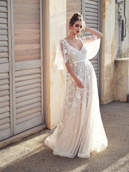 

2019 Sexy Boho V-neck Wedding Dresses Illusion Lace Backless Bridal Gowns Vestido De Novia Beach Wedding Dress Cheap