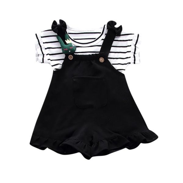

kids baby girls summer striped short sleeve shirt+suspenders shorts set, Blue