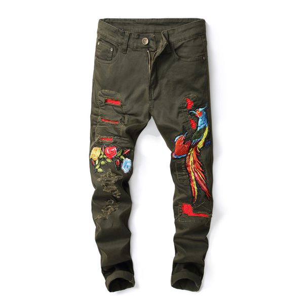 

newsosoo fashion phoenix flowers embroidery jean pants men's denim straight trousers streetwear jean joggers size 29-38, Blue