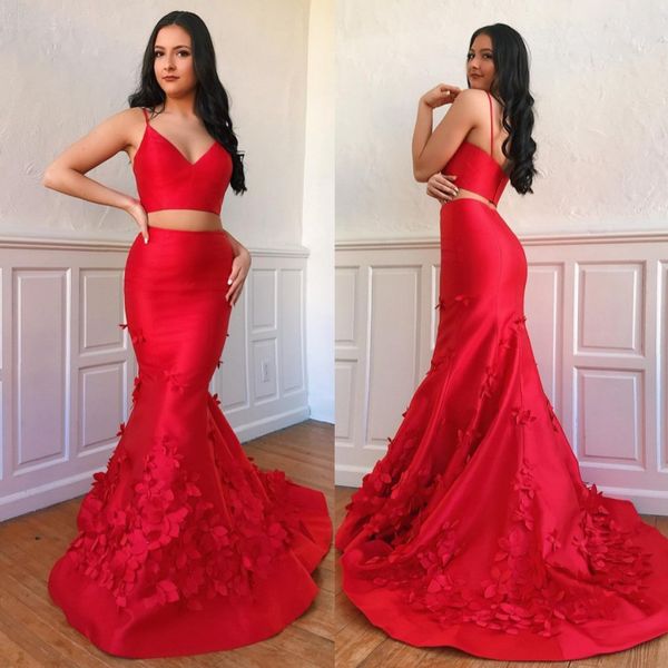 

red mermaid two pieces prom dresses spaghetti straps v neck appliqued party dress beaded sweep train satin plus size evening gowns, Black