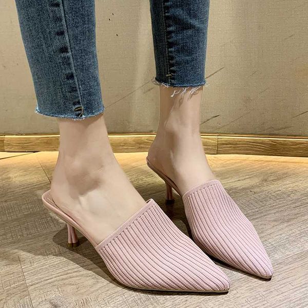 

knit high heel slippers women stretch fabric pointed toe mules shoes women summer breathable candy colors sandals 2020, Black