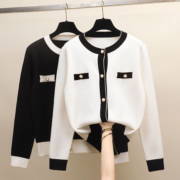 

short knitted cardigan women with button casual long sleeve o-neck autumn warm knitwear sweater white fall sweaters coat female
