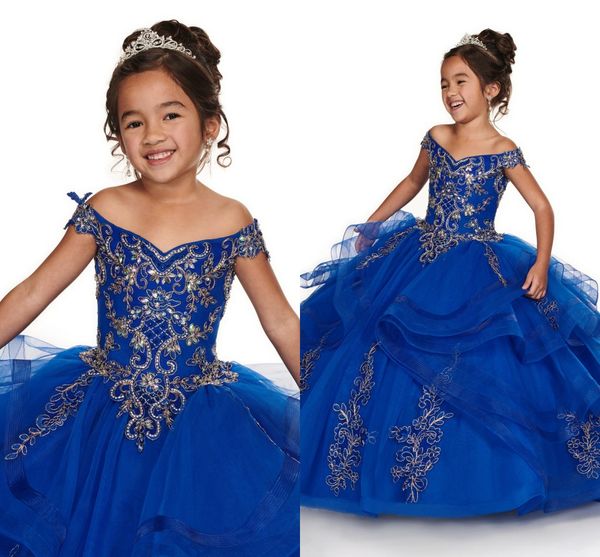 

2020 Royal Blue с золотой вышивкой девушки Pageant платья Кристалл от плеча Бисероплетение Тюль Ruched Дешевые цветочниц платье