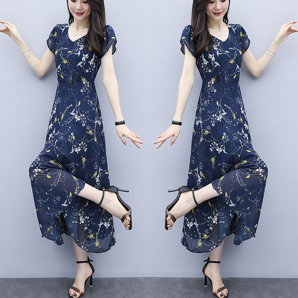 

women's skin covering and fat mm printed chiffon dress age reduction, Black;gray