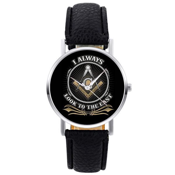 

classic fashion masonic logo quartz wristwatch retro men women i always look to east bracelet black leather casual watch, Slivery;brown