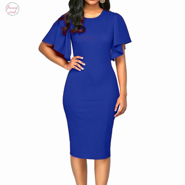 

women ruffles sleeve slim pencil dress office ladies plus size 5xl solid sheath casual work business party dresses, Black;gray