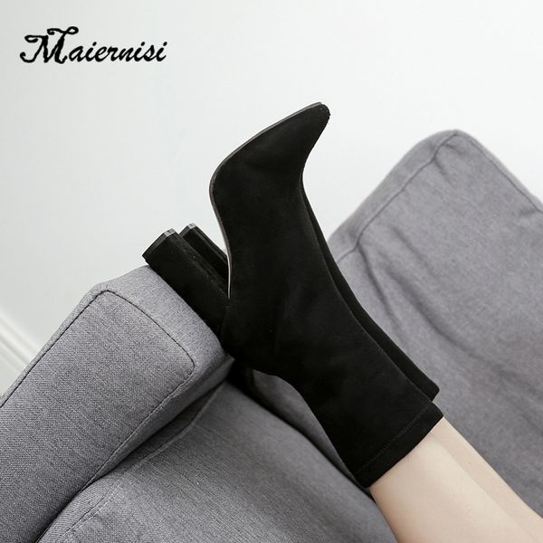 

maiernisi fashion new sock boots women mid calf stretchy fabric heels pointed toe shoes woman spring autumn plus size 34-42, Black