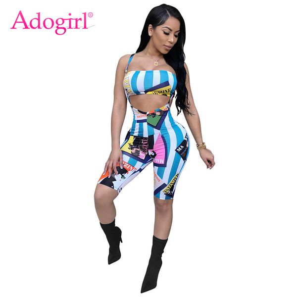 

adogirl fashion cartoon stripe print women tracksuits strapless crop knee length suspender trousers club two piece set, White