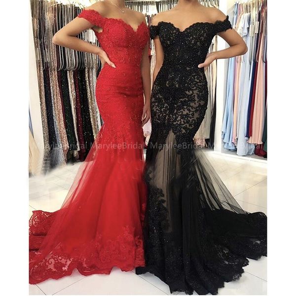 

red long robe de soiree off shoulder mermaid evening dresses appliques black formal party dresses vestido de festa sweep train, White;black