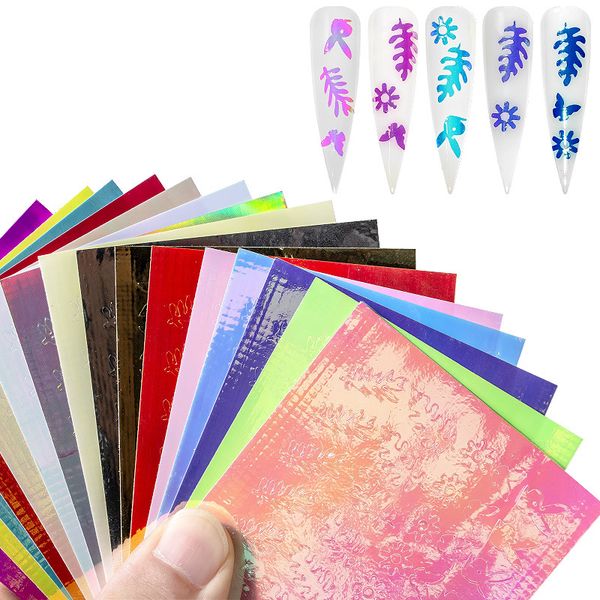 

mix16 holographic nail butterfly leaf flame stickers nail foil laser color art transfer self-adhesive flame nails stickers, Black