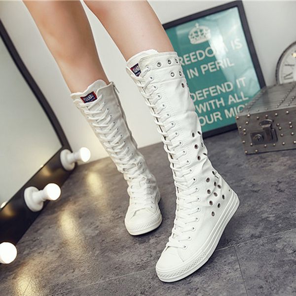 

35-43 plus size white black canvas boots women's motorcycle knee high long boots zipper lace up flat shoes botas for girl