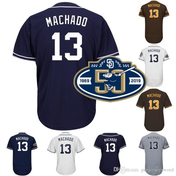 

#13 Manny Machado Jersey 50th Anniversary Logos San Diego Manny Machado Mens Lady Youth Flex Base Cool Base Away Hoom Baseball Jersey