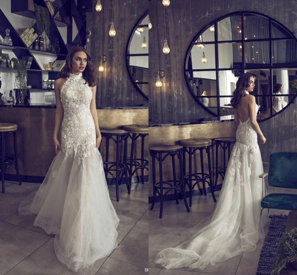 

romantic ivory high neck sleeveless mermaid wedding dresses lace appliques backless tulle beach wedding bridal gowns bc2276, White