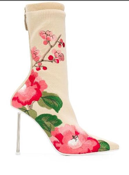 

Feminina fa hion tiletto heel half boot women pointed toe print flower high heel boot feminina new tyle ock boot with box
