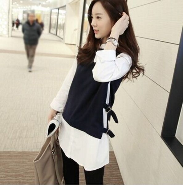 

new style korean-style fake two-piece women's shirt long sleeve spring clothing new style mid-length white shirt slim fit 3