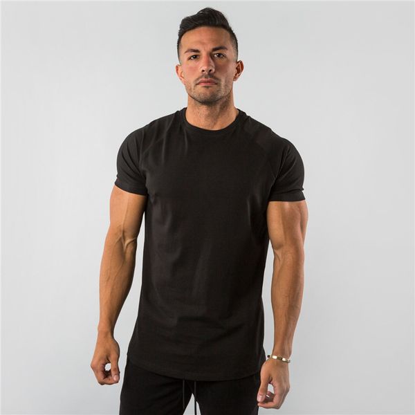 

men's t-shirt european summer fitness sports solid cotton elasticity active short-sleeved t-shirt large size m-2xl wholesale, White;black