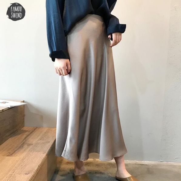 

spring 2019 midi skirt women high waist satin metallic color long skirt shiny silk imitation skirt, Black