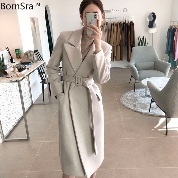 

bornsra woman coats winter wool long coat with belt office lady fashion lace up coats outerwear, Black
