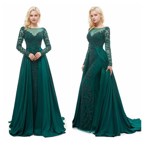 

mg007 scoop emerald green prom dress with major beading long sleeve evening dresses vestidos waterfall skirt elegant formal dresses, Black