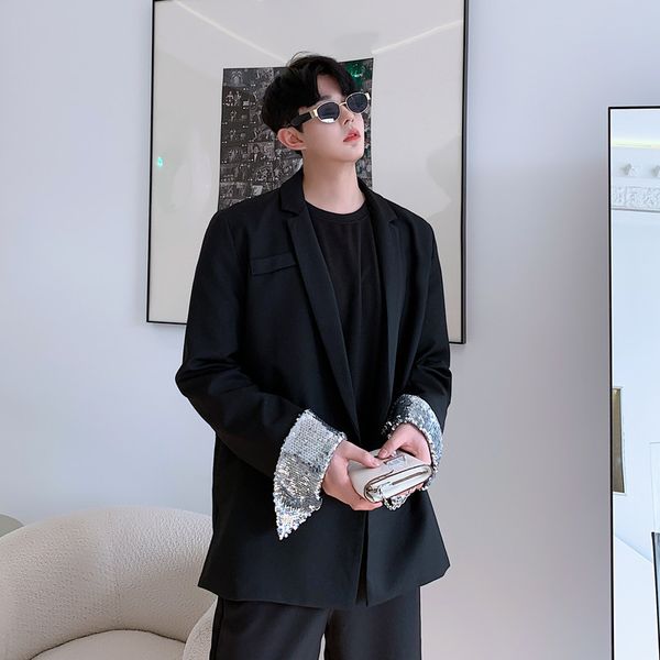 

men's suits & blazers vintage fashion blazer coat outerwear stage clothes 2021 men sequins sleeve casual suit jacket overcoat male wome, White;black