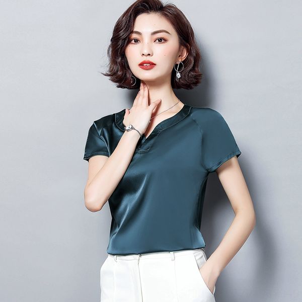 

2020v collar short coat sleeve satin breathable drooping loose women's t-shirt 2020v collar short coat sleeve satin breathable drooping, White