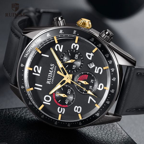 

ruimas watches men brand luxury military leather wristwatch man clock fashion chronograph casual sport watch relogio 574, Slivery;brown