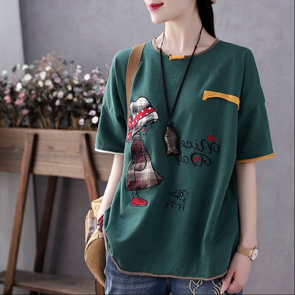 

pure cotton artistic half sleeve t-shirt loose large-size printed short-sleeved casual pure cotton artistic half sleeve t-shirt women's, White