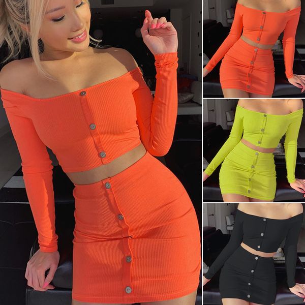 

new style women set two pcs set women and skirt party evening slash neck solid button bodycon sheath fashion 2019, White