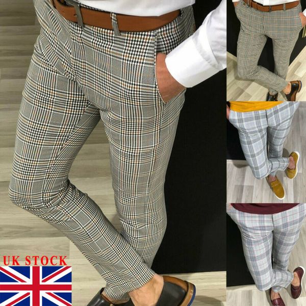

men's formal business checked loose trousers smart high waist pockets casual office work party long trousers, Black