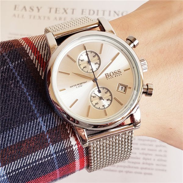 

business casual brand men's watch stainless steel multifunction chronograph men's quartz watch, Slivery;brown