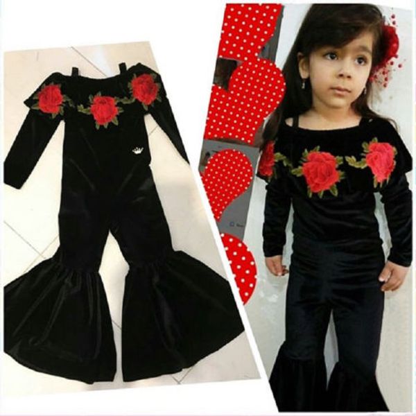 

2018 new spring fall kids girls flower black velvet long sleeve flared romper jumpsuit playsuit infant one-pieces outfit clothes, Blue