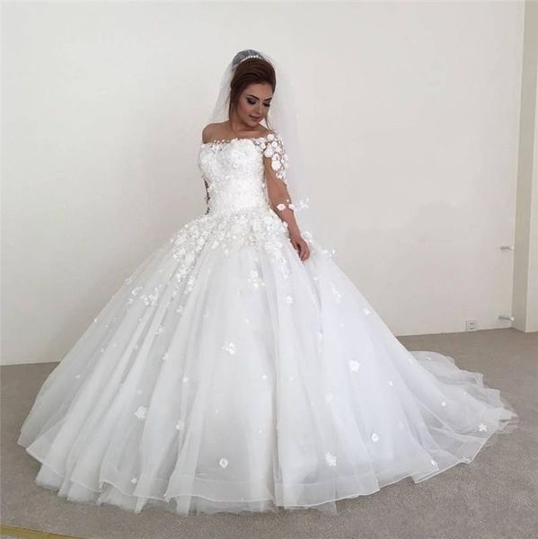 

2019 новый роскошный арабский a line свадебные платья с плеча 1/2 рукава кружева 3d-цветочные аппликации sweep поезд плюс размер формальные, White
