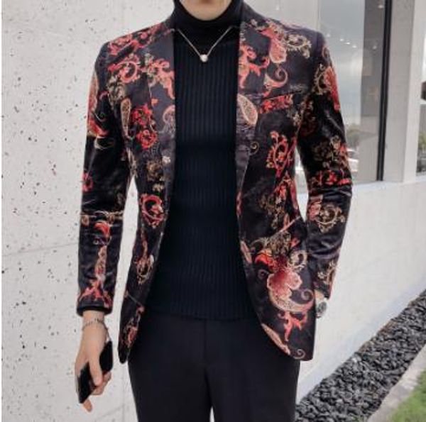 

2020 роскошный королевский пейсли цветочный блейзер slim fitwedding party prom blazer flower men pattern бархатный пиджак бизнес, Black;brown